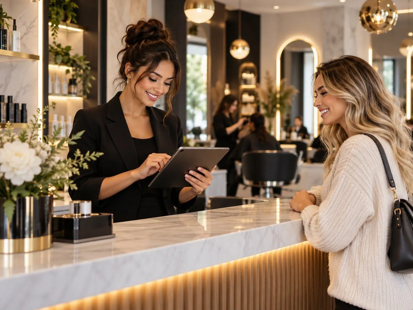 Salon receptionist with a tablet welcoming a client at the desk