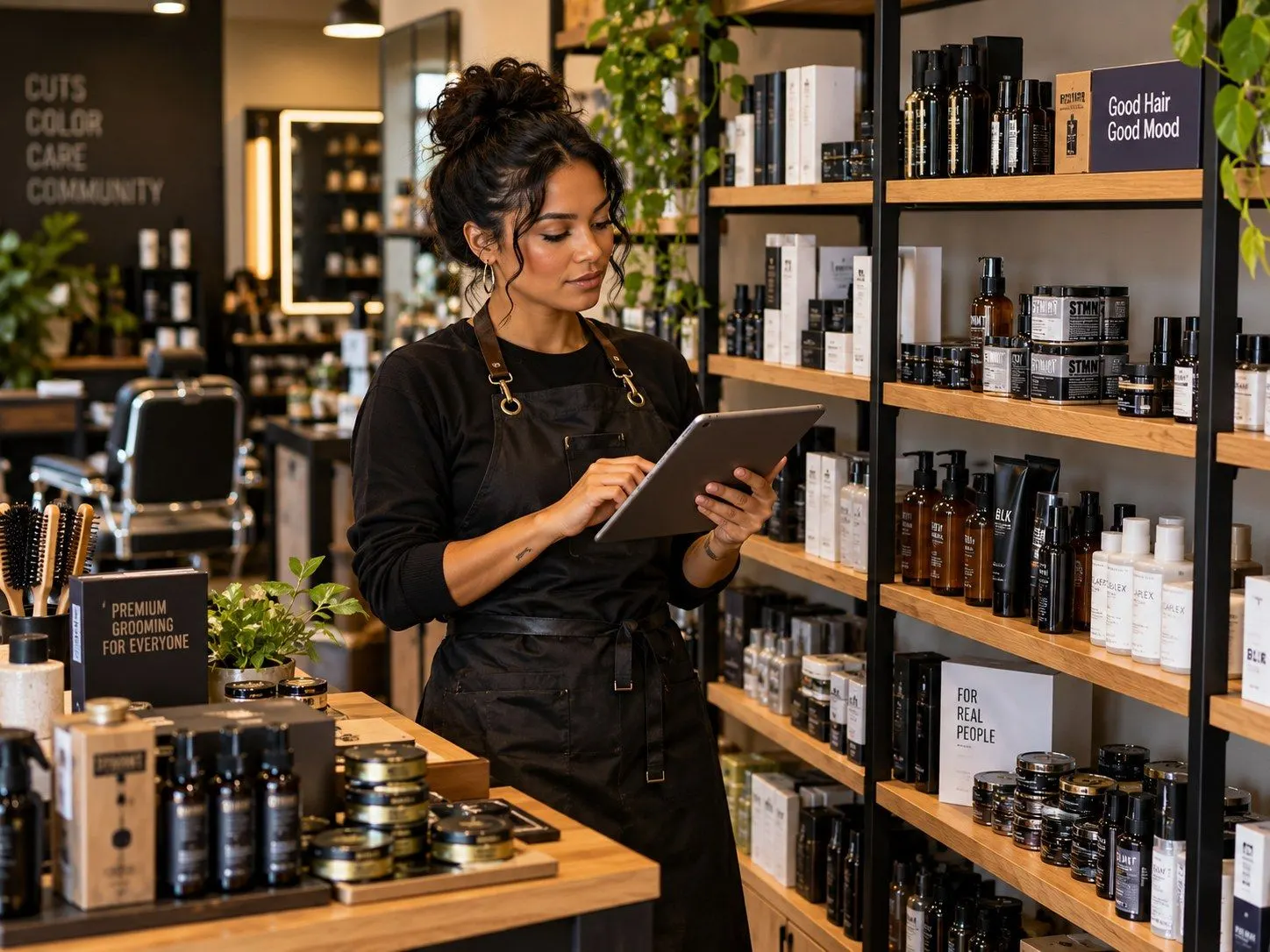 Stylist checking stock on a tablet next to product shelves