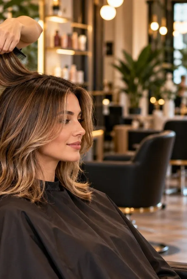 Client with long, styled hair in a hair salon