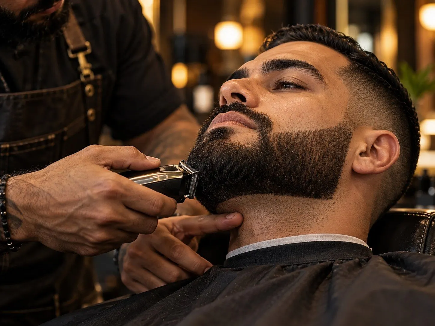 Barber trimming a client’s beard with clippers
