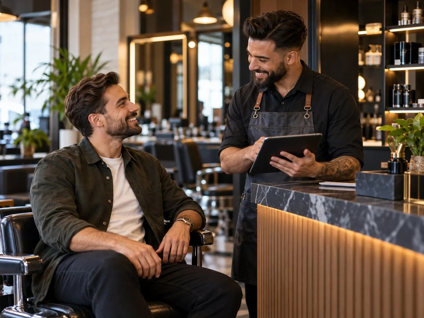 Barber with a tablet talking with a client in the chair