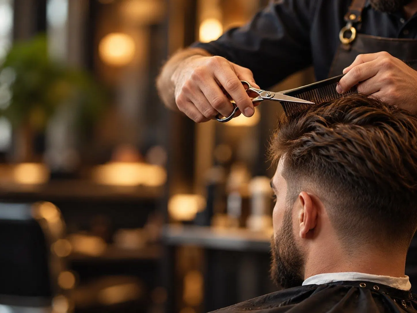 Close-up of scissors and comb shaping a short haircut
